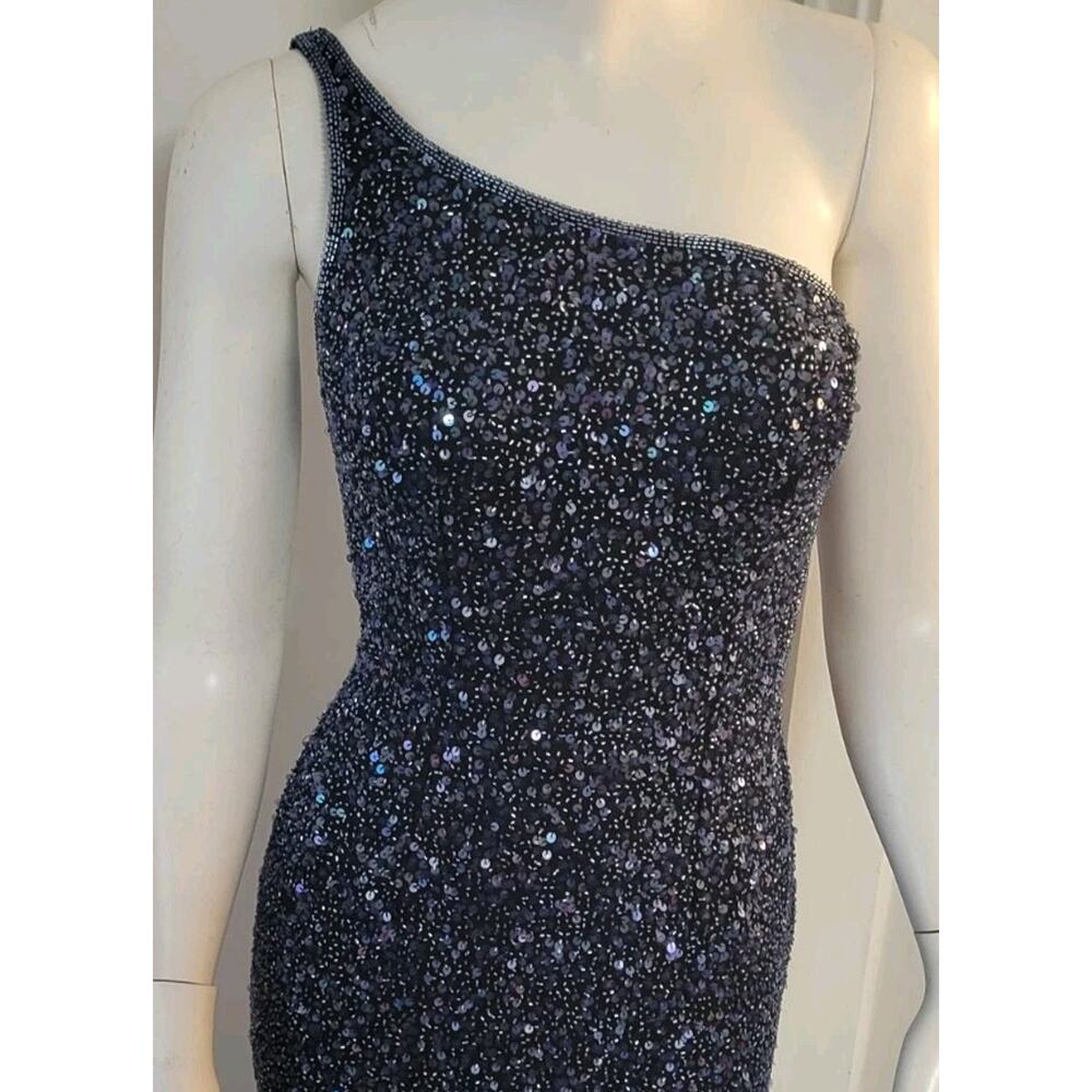 Scala Formal Dress 100% Silk Sz. S Navy Blue Beaded One Shoulder Lattice Back - Picture 5 of 14